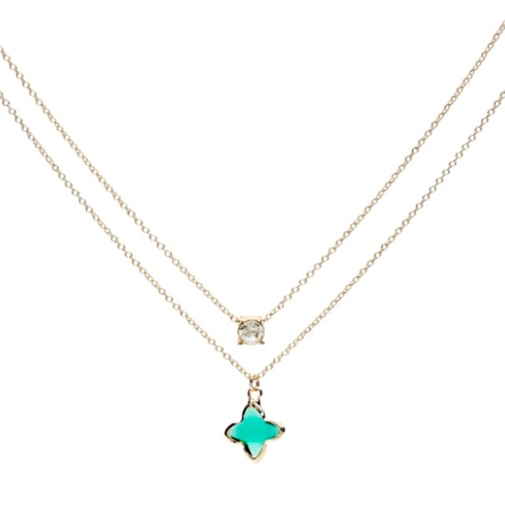 Turquoise Layered Necklace Gold Tone 16" Quatrefoil Crown & Ivy Multi Row Star